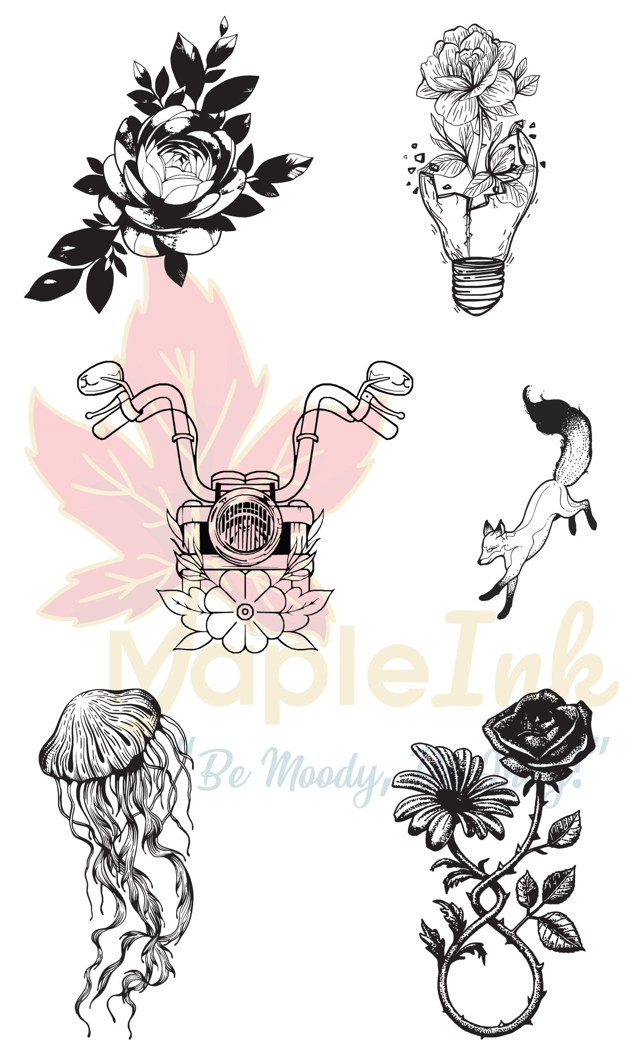 roses, a light bulb, a fox, a camera, and a jellyfish on a white background with 'MapleInk' branding.