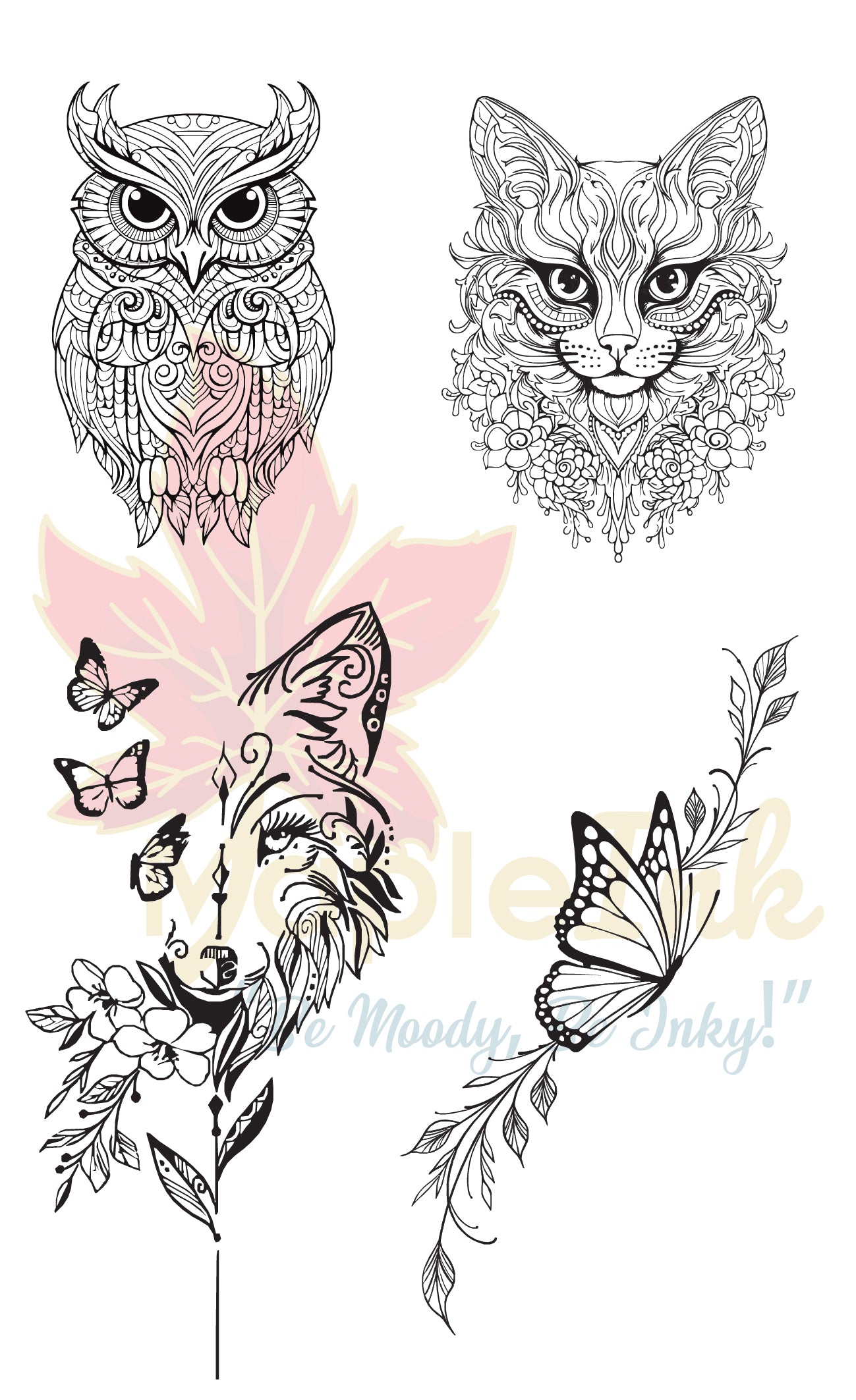 Decorative illustrations of an owl, cat, butterfly, and floral elements on a white background.