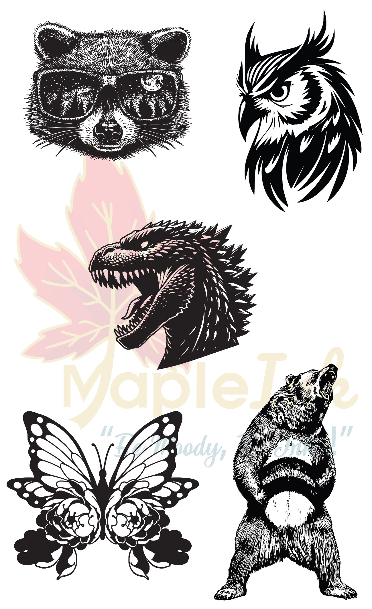  raccoon, owl, dragon, butterfly, and bear 