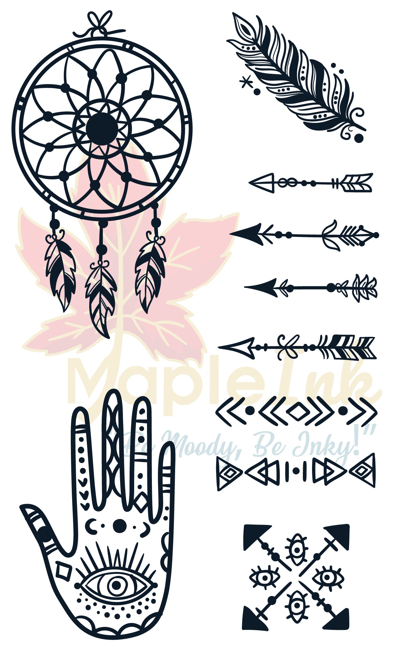 Collection of bohemian-style temporary tattoos including a dreamcatcher, feathers, arrows, and a hand with an eye symbol.