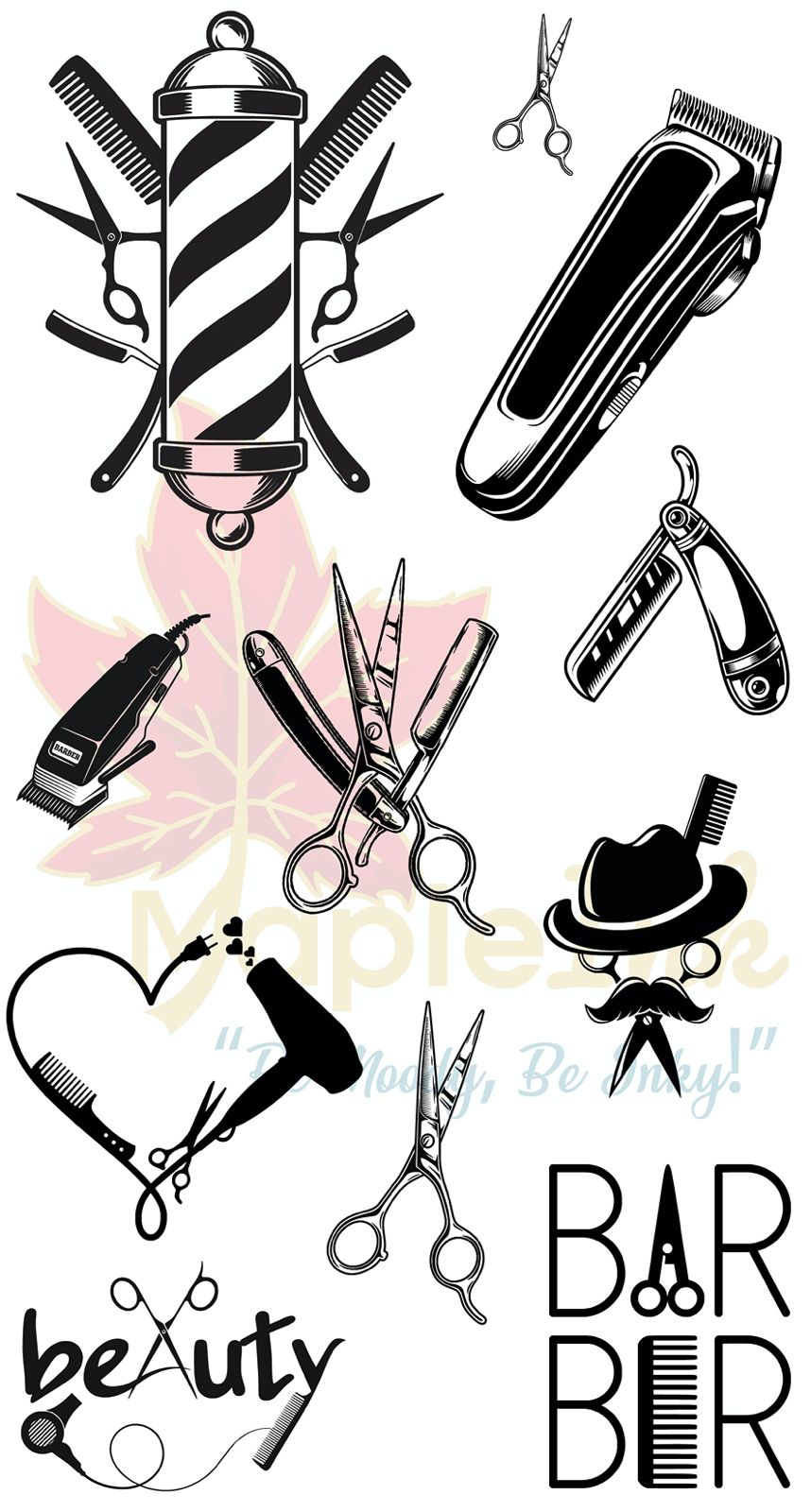  barber shop tools and equipment on a pink background with 'Barber' text.