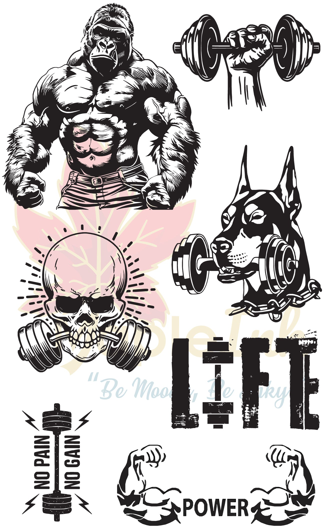 Collection of fitness-themed illustrations including a gorilla, skull with weights, and motivational phrases.
