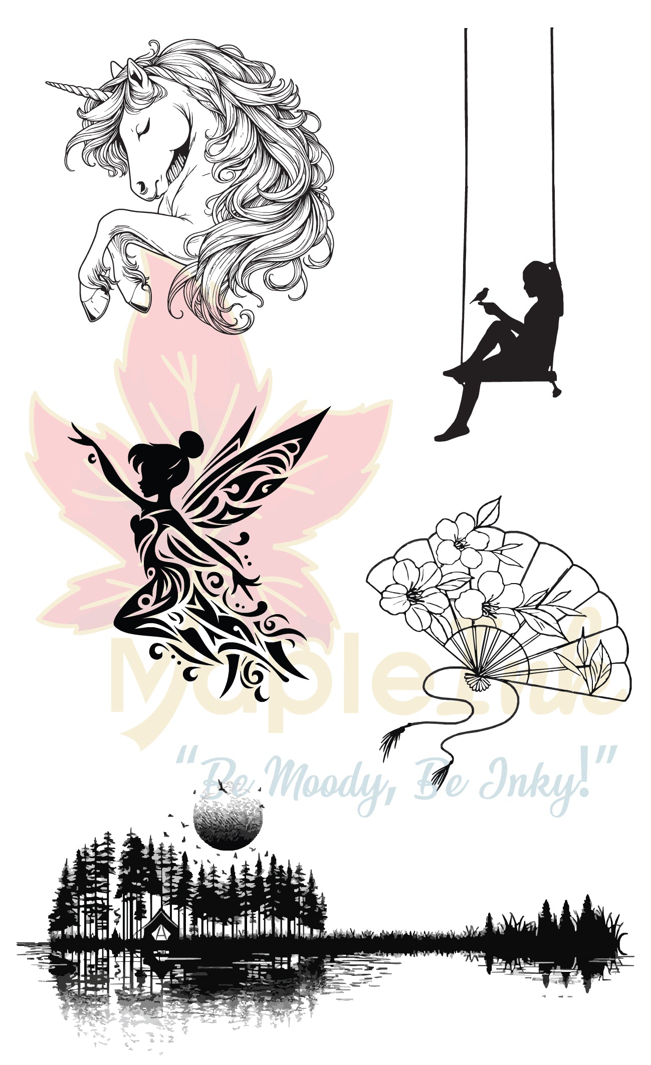 Illustrations of a unicorn, fairy, and nature scene.