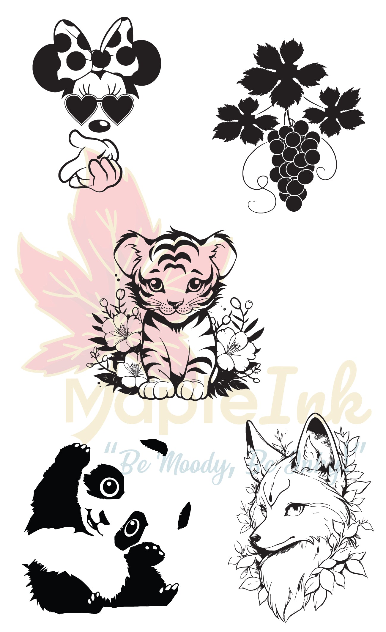 Collection of animal-themed temporary tattoos including a tiger, panda, fox, and grapes, with 'Myolie Ink' branding.