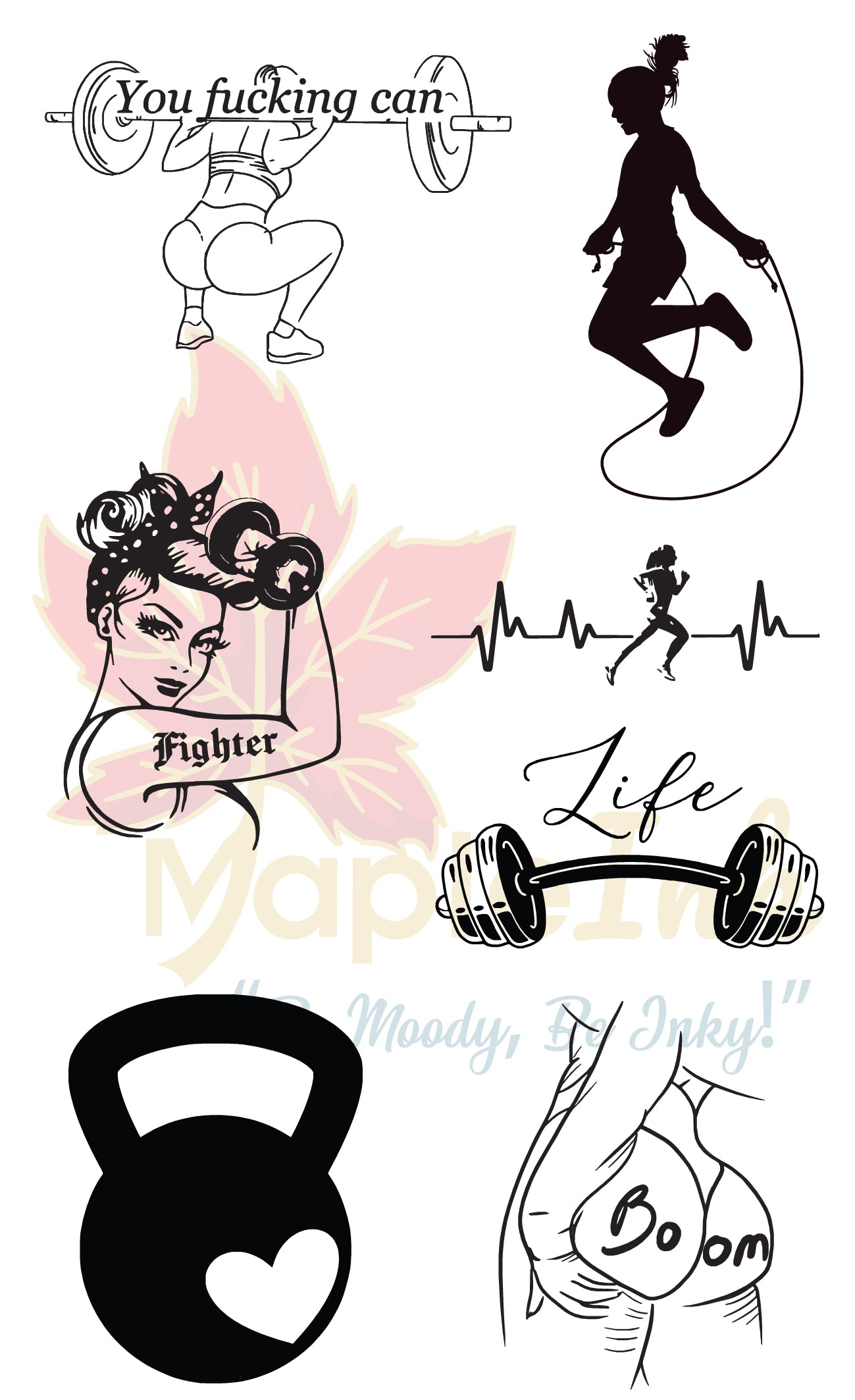 Collection of fitness-themed illustrations including a woman lifting weights, a heart rate monitor, and a kettlebell.