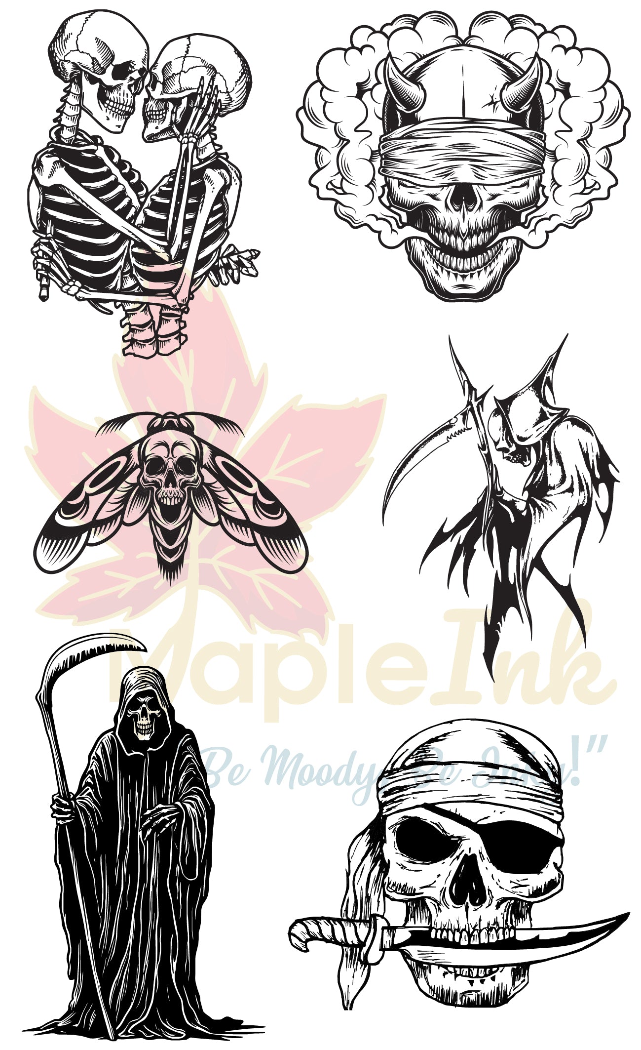 tattoos featuring skeletons, skulls, and a witch 