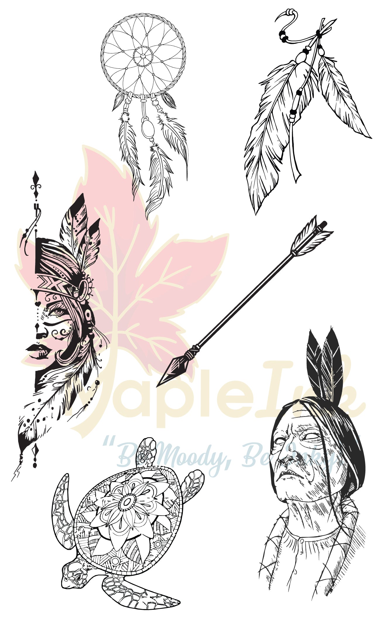 Collection of Native American-themed illustrations including a dreamcatcher, feathers, an arrow, a turtle, and a face with a headdress on a white background.