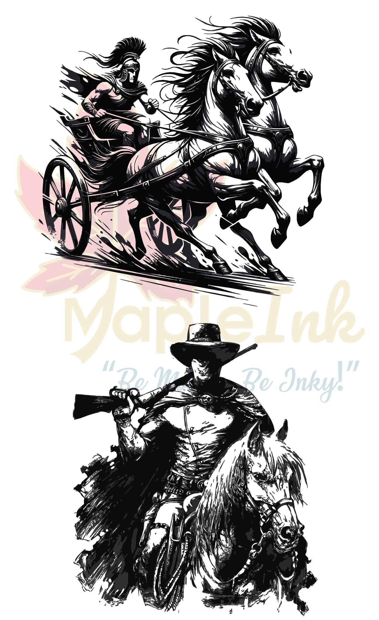 warrior on horseback with a cart, and on horseback holding a rifle, 