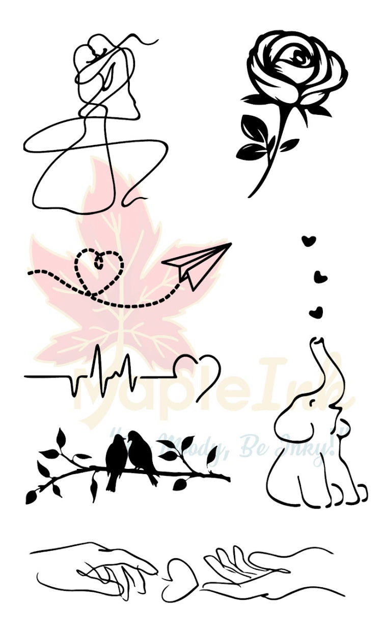 Collection of minimalist line art illustrations including a rose, dove, heart, birds on a branch, and hands holding a heart.