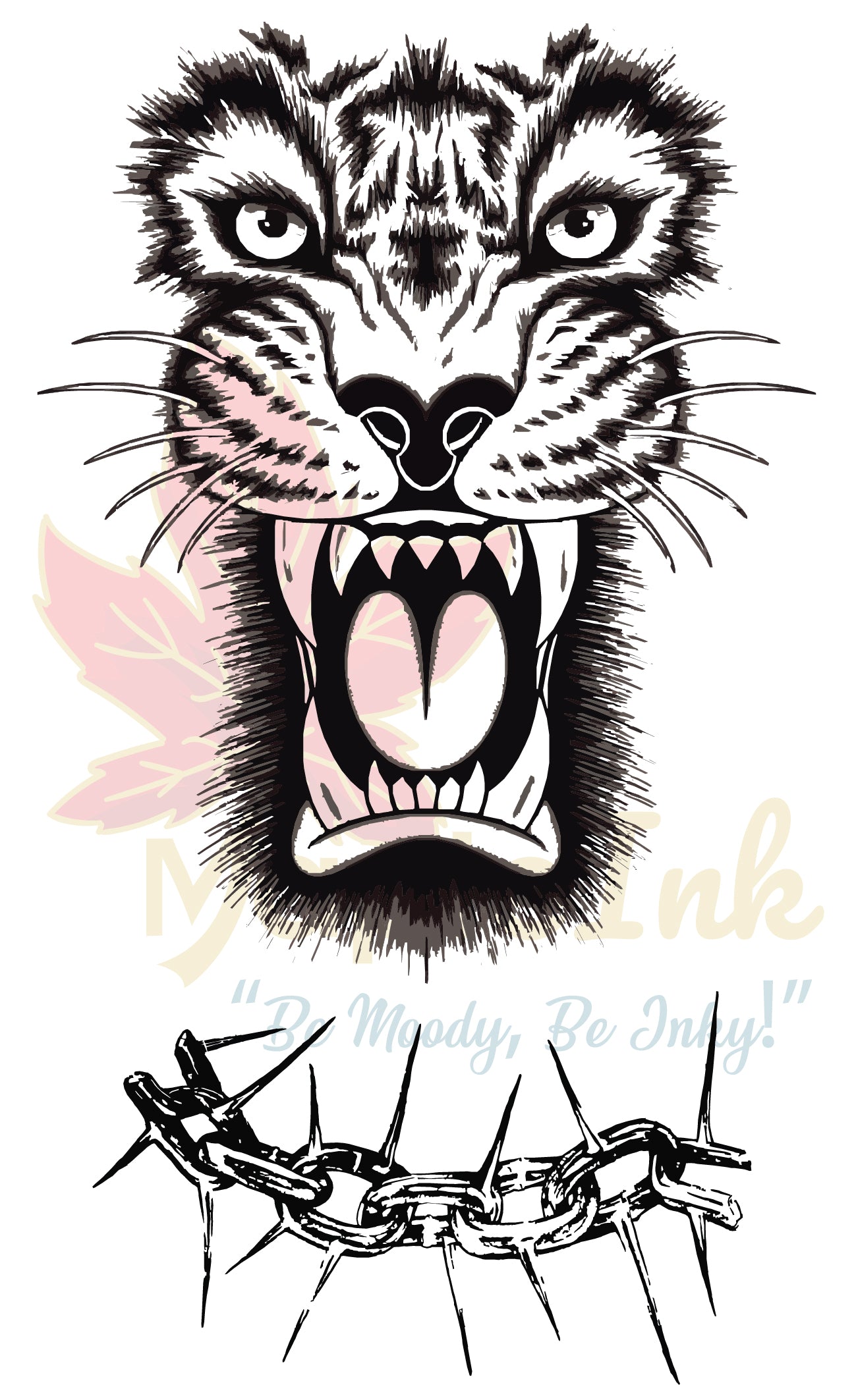 Stylized tiger head with open mouth and chain at the bottom