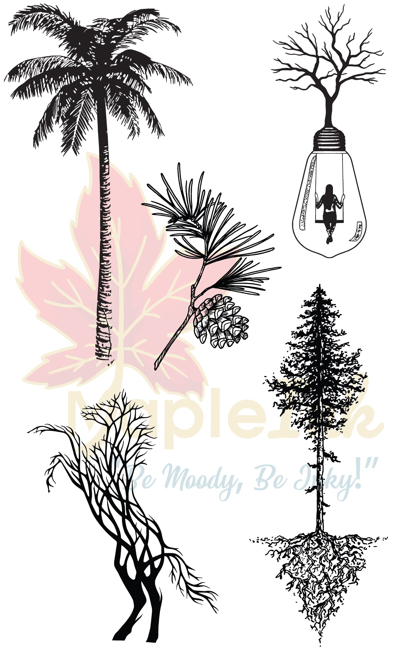 Collection of tree illustrations with a light bulb containing a person.