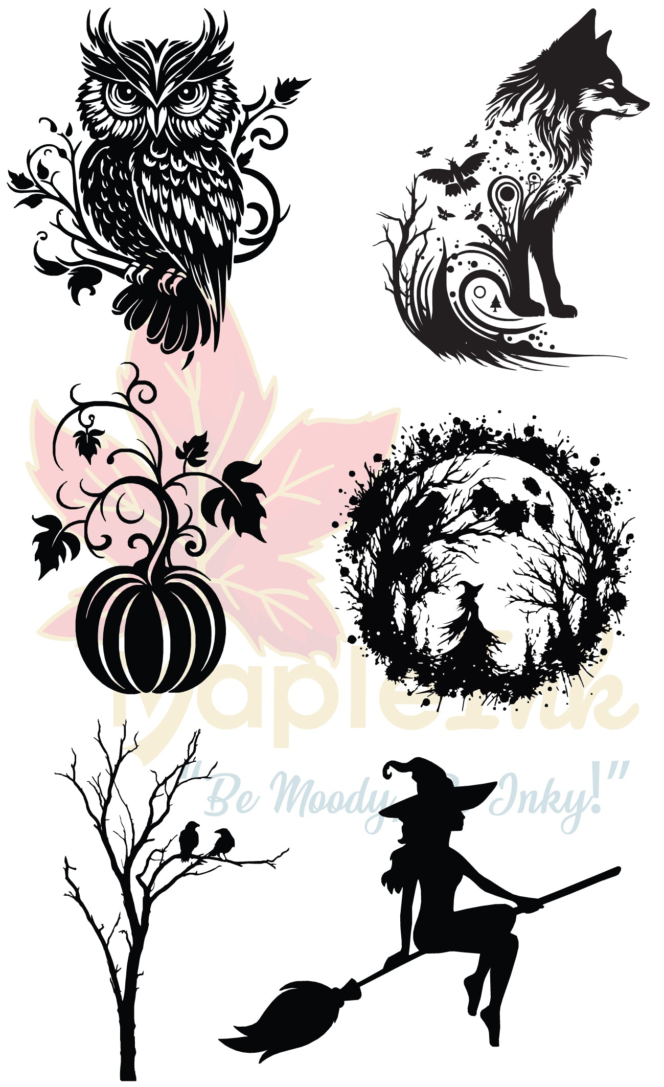Collection of black silhouettes including an owl, fox, pumpkin, tree with birds, and witch on a broomstick on a white background.